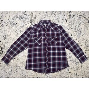 NWOT Wrangler Western Pearl Snap Flannel Shirt Men XL Burgundy White Blue Plaid